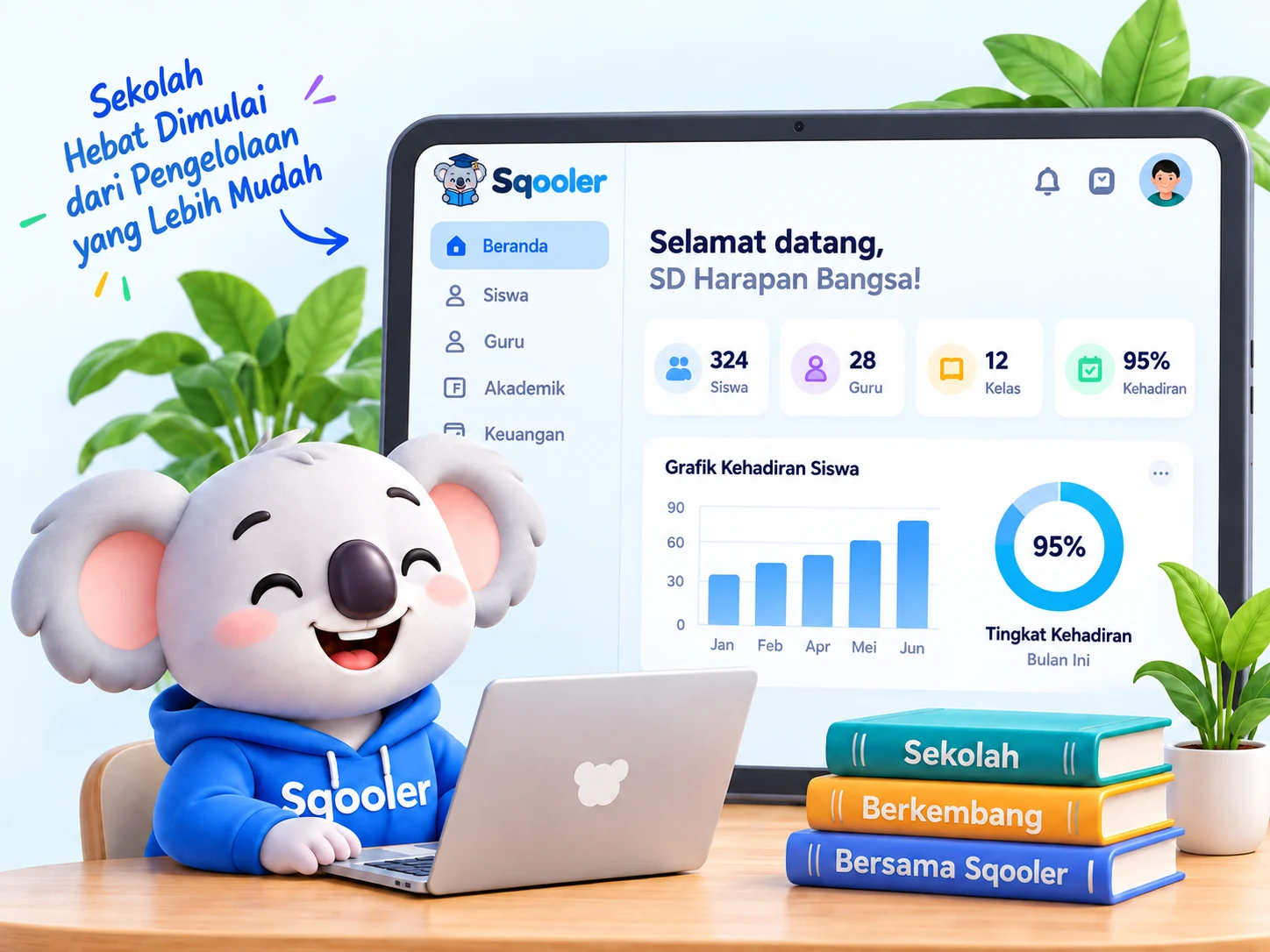 Maskot koala Sqooler di depan laptop dan dashboard sekolah